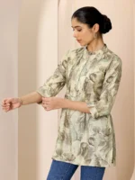 Beige Printed Silk Blend Straight Short Kurti - Image 2